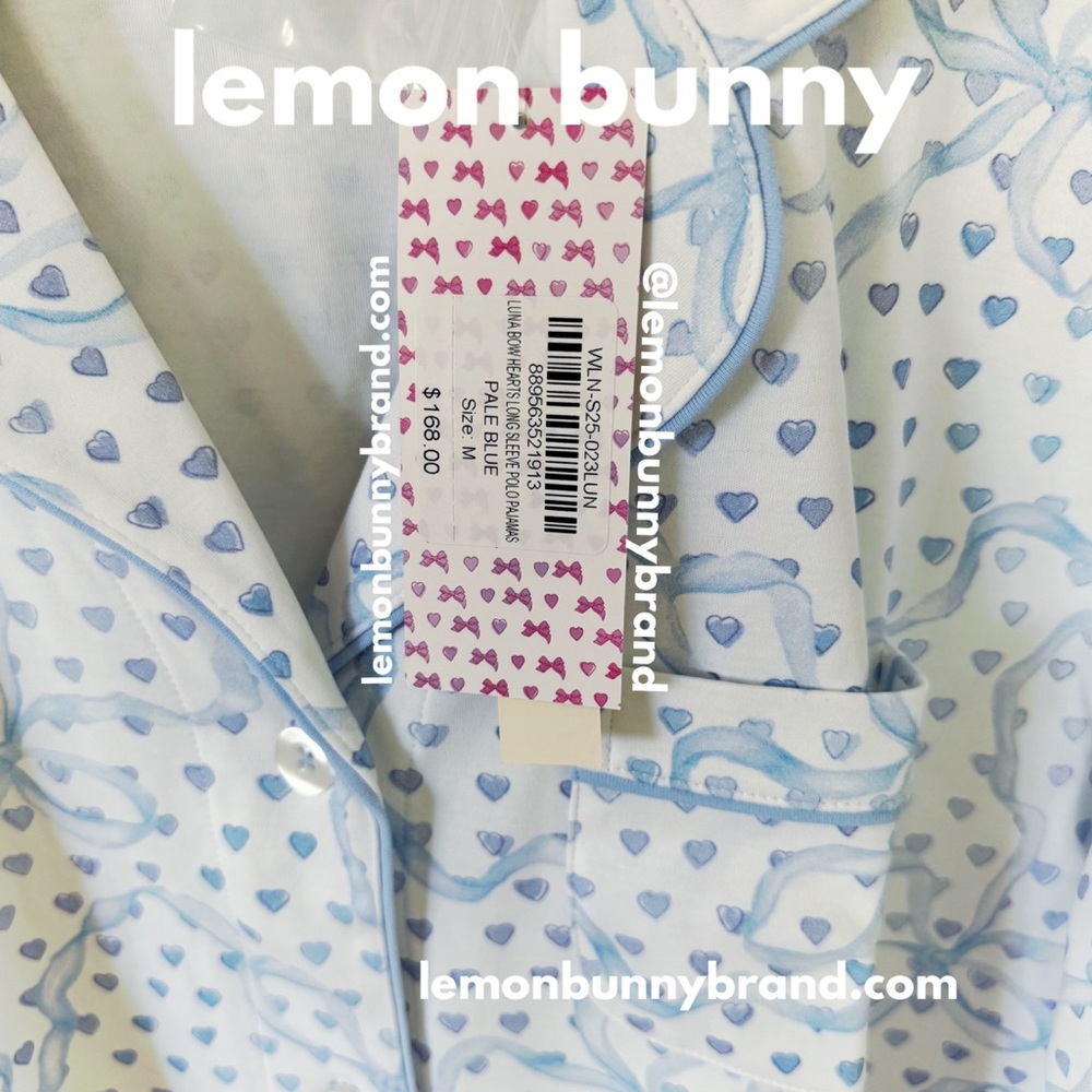 Roller Rabbit x LoveShackFancy Luna Bow Hearts Long Sleeve Polo Pajamas PaleBlue - Picture 5 of 15